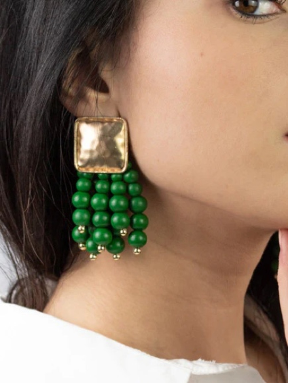 Green Beaded Gold-Tone Statement Earrings - Women Jewelry